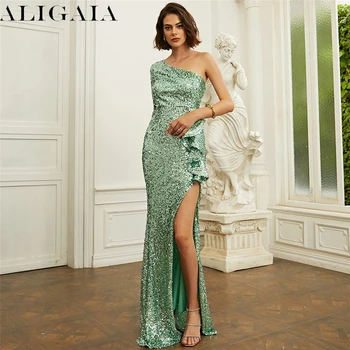 Aligaia/ Сексуальное вечернее платье с оборками на одно плечо и разрезом, женское новое облегающее платье макси для выпускного вечера длиной до пола с длинным рукавом и открытой спиной