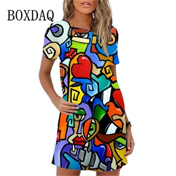 Модное женское платье с забавным абстрактным рисунком из мультфильма, повседневное платье с коротким рукавом и круглым вырезом, свободное платье трапециевидной формы, летний повседневный сарафан