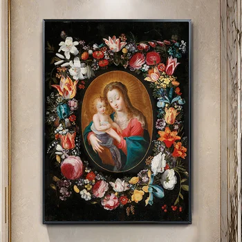 Алмазная картина Мадонна с Младенцем В окружении цветочной гирлянды Набор для алмазной вышивки Знаменитая картина Новый Декор для дома