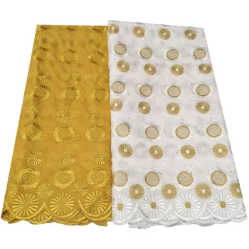 Белая + золотая швейцарская кружевная ткань Африканская кружевная ткань Швейцарское вуалевое кружево в Швейцарии, 5 ярдов Африканской 100% хлопчатобумажной ткани для платья F22