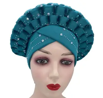 Модный женский головной убор aso oke gele 2021, высококачественный африканский головной убор, нигерийские головные уборы gele с бисером и камнями, 1 комплект