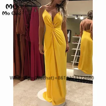 2021 Желтые вечерние платья для выпускного вечера, длинные бретельки, шифоновое женское вечернее платье с V-образным вырезом и открытой спиной, сшитое на заказ