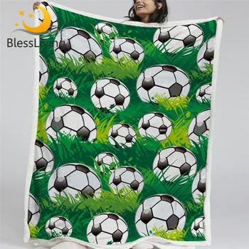 Флисовое одеяло BlessLiving Football Sherpa, Спортивное покрывало, постельное белье с мультяшным рисунком мяча, одеяла для зеленых луговин для кроватей