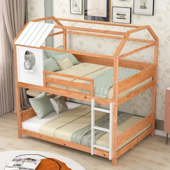Двухъярусная кровать для Дома в Натуральную величину с Окном и Маленькой Полкой, ограждение Во Всю Длину, Натуральное