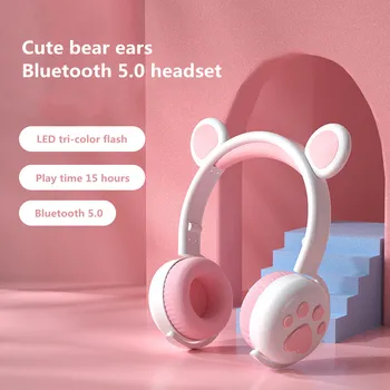 Новое поступление, милая беспроводная Bluetooth-гарнитура с медвежьими ушками с микрофоном, стереомузыка со светодиодной подсветкой, детская гарнитура для детей, лучший подарок
