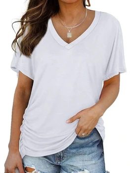 Женская модная футболка, пуловер, летние однотонные футболки с коротким рукавом и V-образным вырезом, повседневные женские топы