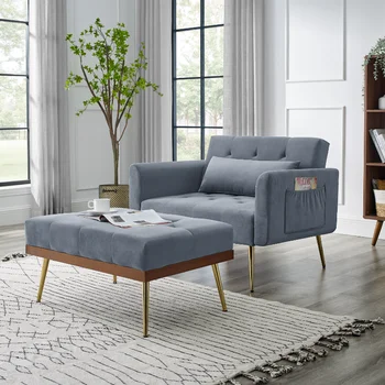 Раскладной диван-кресло с оттоманкой\  Два кармана для рук и деревянная рама с 1 подушкой\  Серый (40,5 ”x33 ” x32”) Серый бархат