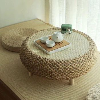 Ротанговый стол, круглый низкий столик, столик у окна, эркерные столики, гостиная, спальня, чайный столик, японская мебель для дома в тихом стиле.