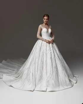 Великолепное бальное платье, свадебное платье с V-образным вырезом и длинными рукавами в блестящую полоску, вечернее платье на молнии, сшитое на заказ Robe De Mariée