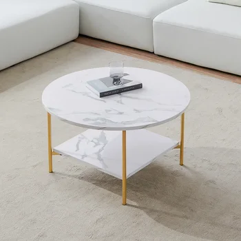 Современный круглый журнальный столик с местом для хранения вещей, золотистый металлический каркас со столешницей мраморного цвета L31.5 