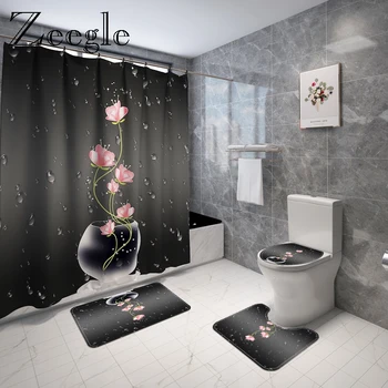 Печатный цветочный коврик для ванной и занавеска для душа набор из микрофибры сиденье для унитаза крышка коврик для ванной абсорбент коврик туалет коврик