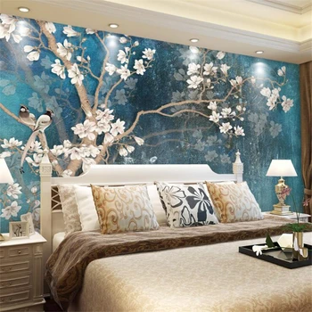 обои wellyu papel de parede на заказ, винтажная ручная роспись, цветочная стена магнолии, скандинавский ретро-синий элегантный холст behang