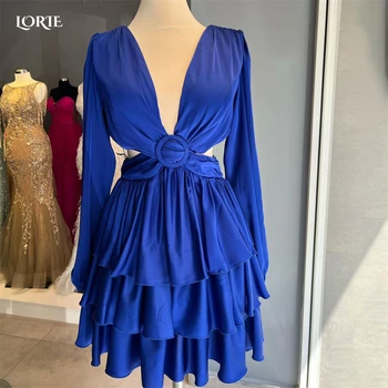 Коктейльные Вечерние Платья LORIE Blue С V-образным вырезом, Клубные платья А-силуэта с рюшами в Дубае, Многоуровневая юбка с оборками в Арабском стиле, Мини-Вечернее платье для выпускного вечера