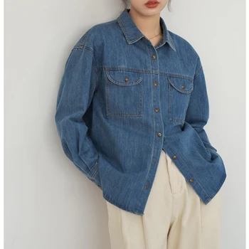 Женская винтажная синяя хлопчатобумажная джинсовая куртка с карманами, модный женский свободный однобортный жакет с длинным рукавом, топ, осень 2023