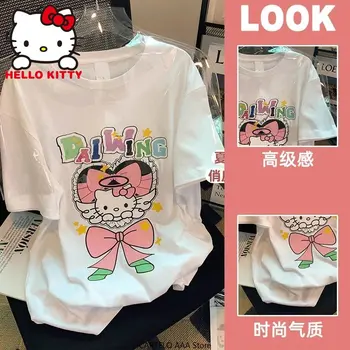 Футболка Kawaii Hello Kitty Sanrio, Женские свободные эстетичные топы, футболка Y2k с мультяшным графическим принтом, пара аниме, одежда оверсайз, женская одежда Оверсайз