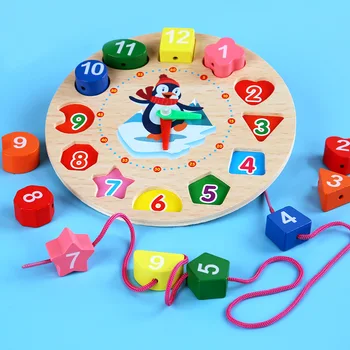 Игрушка для раннего обучения детей с резьбой Геометрической формы Деревянные часы Пазлы Красочные Познавательные цифровые часы Tangram