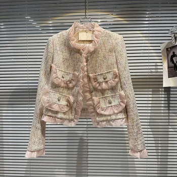 Новейшая мода 2023 Весенняя дизайнерская куртка Женская Твидовая куртка с сетчатым плиссированным краем