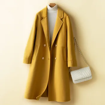 Осенне-зимняя Свободная Длинная Двусторонняя кашемировая шерстяная куртка, женское пальто, 4 цвета, Двубортное шерстяное пальто с длинным рукавом, женское