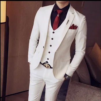 Приталенные белые мужские костюмы из 3 предметов Свадебный Смокинг Повседневный стиль Мужской модный Блейзер с брюками Жилет Новейший костюм для курения