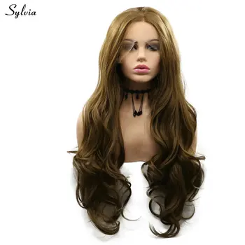 Золотисто-коричневые парики Sylvia для женщин, темно-коричневые, в стиле объемной волны, 22-26 дюймов, Синтетический кружевной передний парик средней части
