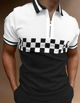 Летняя мужская деловая рубашка поло на молнии с лацканами, Модные черно-белые топы в полоску и клетку с коротким рукавом, Мужская повседневная уличная одежда