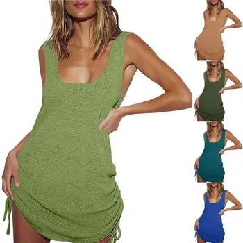 Женское летнее пляжное платье, однотонное, приморская мода, бикини для отдыха, открытая спина, вязаный жилет, юбка, блузка, Vestidos