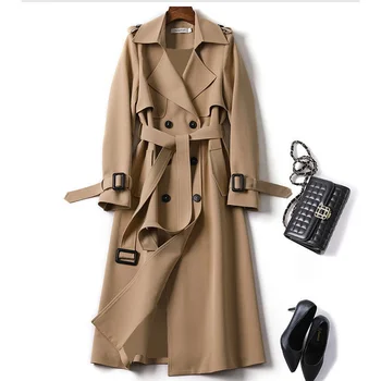 Свободный женский тренч оверсайз, Элегантное модное пальто, двубортный женский плащ с поясом, ветровка, весенне-осенняя длинная верхняя одежда.