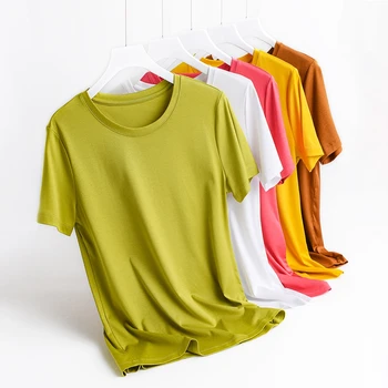 Женская Зеленая футболка 200 г Шелковой Хлопчатобумажной смеси, Топ с короткими рукавами, Корейская Модная футболка, Зеленые Толстые Хлопковые футболки С круглым вырезом, Базовая футболка