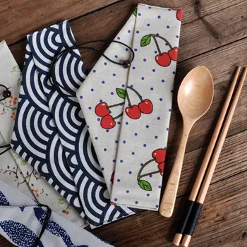 Портативная сумка для посуды в японском стиле, многоразовая соломинка для напитков, палочки для еды, чехол для столовых приборов, сумка на шнурке, сумка для столовых приборов для ложки и вилки