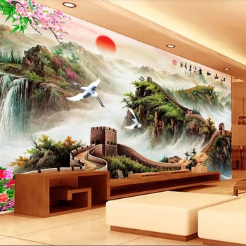 большие фрески wellyu на заказ, стильная атмосфера обустройства дома, китайский стиль, обои для спальни с телевизором Great Wall