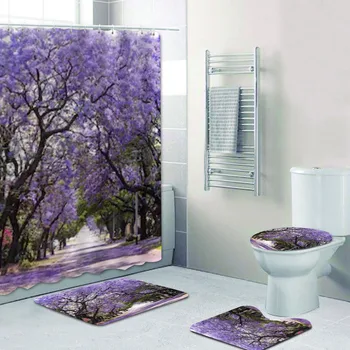 Романтический 3D набор занавесок для душа Violet Flower Alley Blossom для ванной комнаты, водонепроницаемые занавески для ванной с цветами жакаранды, Коврик, Ковролин