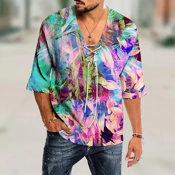 Мужская Повседневная Модная рубашка с принтом на шнурке, Летний пуловер с коротким рукавом, Пляжный топ с V-образным вырезом