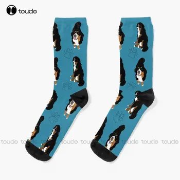 Рисунок бернского зенненхунда-Синяя собака, Носки для щенков, Черные носки с цифровой печатью 360 °, Подарочная уличная одежда на заказ, Забавный носок