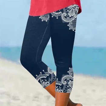 Пляжные леггинсы для фитнеса в курортном стиле, женские универсальные брюки с цветочным принтом, повседневные брюки укороченной длины, Богемные брюки