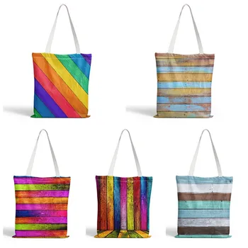 Холщовая сумка для покупок с 3D принтом в разноцветную полоску, многоразовая женская сумка для покупок, пляжная сумка для отдыха на открытом воздухе, Bolsa De Tela