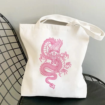Сумка для покупок в китайском стиле Dragon, холщовая сумка Harajuku, сумка-тоут, сумка для покупок большой емкости, повседневная сумка через плечо, прямая поставка