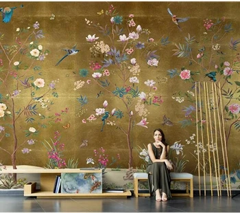 Обои Chinoiserie с вишневой лозой, настенная роспись, цветы и птицы Обои Chinoiserie С цветами, декор стен, обои для стен