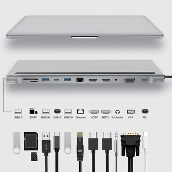 12 В 1 USB C Концентратор 4K HD RJ45 VGA Мульти USB Разветвитель Док-Станция Lan Ethernet 3,5 мм PD Зарядное Устройство SD TF Адаптер Для Macbook Air