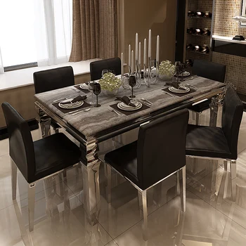 Сочетание мраморного обеденного стола и стула простой бытовой прямоугольный обеденный стол из нержавеющей стали в легком экстравагантном стиле