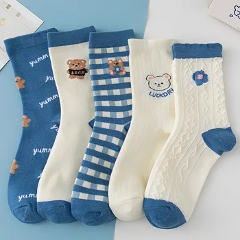 Носки в синюю клетку с милым мишкой из мультфильма для женщин, модные студенческие хлопковые весенне-летние носки, Носки Каваи, Японские Корейские подарки